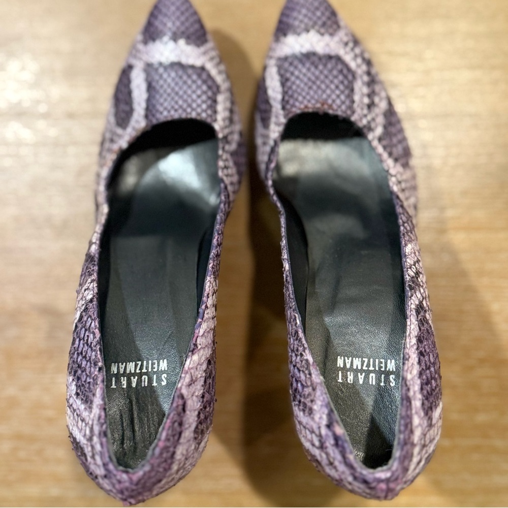 Stuart Weitzman Snakeskin Print Heels Purple‎ Round Toe Platform Size 8.5 - Picture 7 of 14